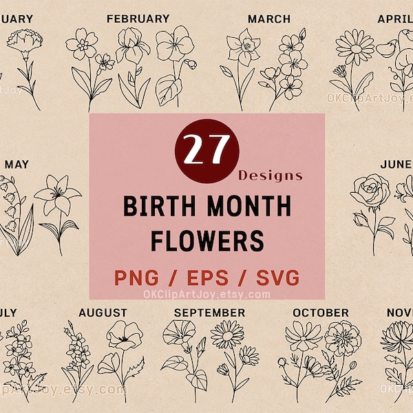 Birth Month Flower, Birth Flower SVG, Poppy Svg, Morning Glory Svg, Birth Flower Png, Svg Bundle Set, Logo Label Design, Floral Line Art EPS