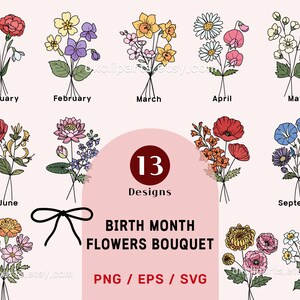 Mês de nascimento buquê svg, Buquê svg, Pacote de flores svg, Flor de nascimento png, Rosa svg, Margarida svg, Flor boho, Clipart floral, SVG para camisetas