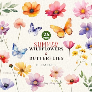 Imágenes prediseñadas de flores silvestres en acuarela, imágenes prediseñadas de flores PNG, imágenes prediseñadas de verano, elementos florales en acuarela, descarga instantánea, imágenes prediseñadas de mariposas de primavera