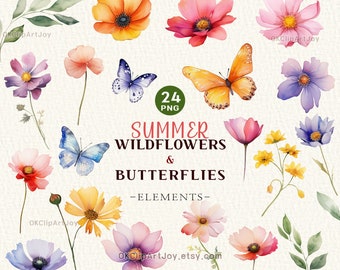 Watercolor Wildflower Clipart, Flowers Clipart png, Summer Clipart, Watercolor Floral Element, INSTANT DOWNLOAD, Butterflies Clip Art Spring