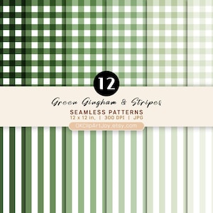 May include: A collection of 12 seamless digital patterns featuring green gingham and vertical stripes in various shades of green and white. The text reads 12 Green Gingham & Stripes SEAMLESS PATTERNS 12 x 12 in. | 300 DPI | JPG OKClipArtJoy.etsy.com.
