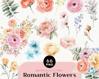 Watercolor Flower Clipart Set: Peony & Ranunculus Bouquets (PNG Digital Download)