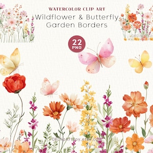 May include: Watercolor clip art featuring wildflower and butterfly garden borders. The image includes illustrations of colorful flowers in shades of red, orange, yellow, and pink, along with butterflies. The text "22 PNG" is also included.