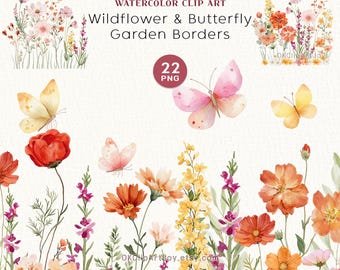 Aquarel bloemenrand – roze en gele wilde bloemen met vlinders (PNG, 300 DPI, digitale download)