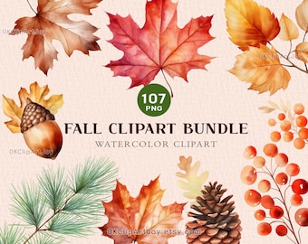 107 PNG Watercolor Fall Leaves Clipart Autumn Leaves Clipart Bundle Fall Leaf, Thanksgiving Clipart, berry, Pine cone Decor Digital Download