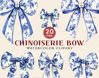 20 Blue and White Chinoiserie bow, Vintage Floral Patterns PNG Bundle, Coquette Blue Willow Sublimation Clipart, Tshirt Trendy Chinoiserie