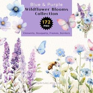 Clipart Floral Aquarela, Elementos Florais Selvagens, Azul e Roxo, Flores Selvagens da Primavera, Clipart de Casamento de Flores de Lavanda, Borboleta Abelha