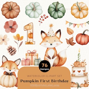 Clipart anniversaire citrouille aquarelle - PNG fête des bois d'automne pour une invitation d'anniversaire de fille, une invitation d'anniversaire de garçon, un renard, un gâteau, une baby shower, un bricolage