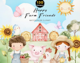 Imágenes prediseñadas de granja linda, paquete de imágenes prediseñadas de vida en la granja en acuarela, cabaña PNG, animales de granja, imágenes prediseñadas de cerdo lindo, decoración de baby shower, licencia comercial