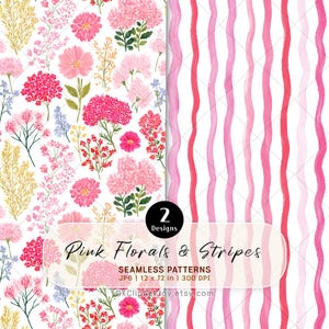 May include: Two seamless pattern designs: one with pink florals and the other with pink stripes. The floral pattern features various pink flowers and green leaves on a white background. The striped pattern has wavy pink and red stripes on a white background. The text "Pink Florals & Stripes" is visible.
