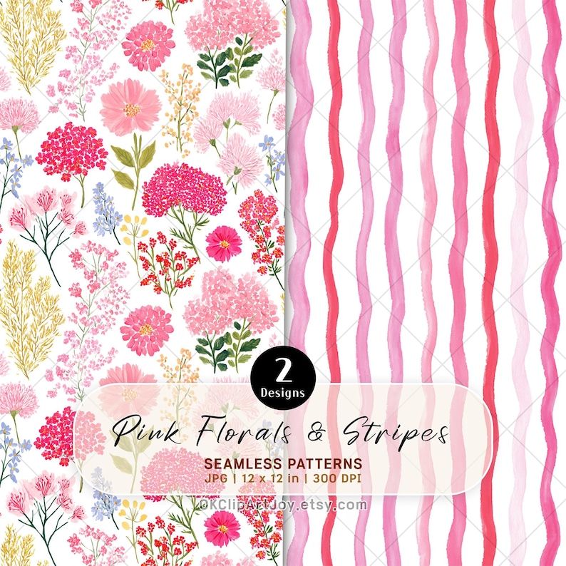 Pink Wildflowers and Stripes Seamless Patterns – Coordinating Digital ...
