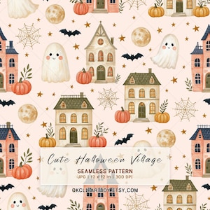Niedliches nahtloses Halloween-Dorf-Muster auf digitalem Papier für Kinderstoffe