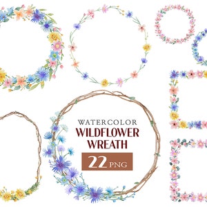 Clipart Couronne de fleurs sauvages, cadre couronne de fleurs, décoration botanique de mariage, fleurs de princesse, clipart vacances, cadre en bois, carte de fleurs sauvages
