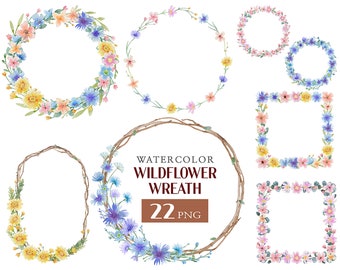 Wildflowers Wreath Clip Art, Floral Wreath Frame, Botanical Wedding Decor, Princess Flowers, Holiday Clipart, Wood Frame, Wild Flowers Card