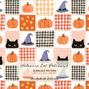 Papel digital JPG con patrón sin costuras de retazos de calabazas y gatos negros de Halloween