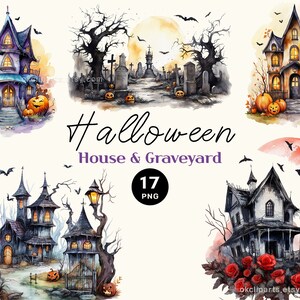Paquete de imágenes prediseñadas de casas embrujadas, PNG de Halloween en acuarela, cementerio aterrador de Halloween, decoración adorable de Halloween, agenda digital, tarjeta de invitación