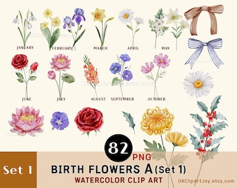 May include: A set of 82 watercolor illustrations of birth flowers for each month of the year. The flowers are arranged in a grid with the month name below each flower. The flowers are all in bloom and are depicted in a realistic style. The set includes a variety of flowers, including roses, lilies, daisies, and sunflowers.
