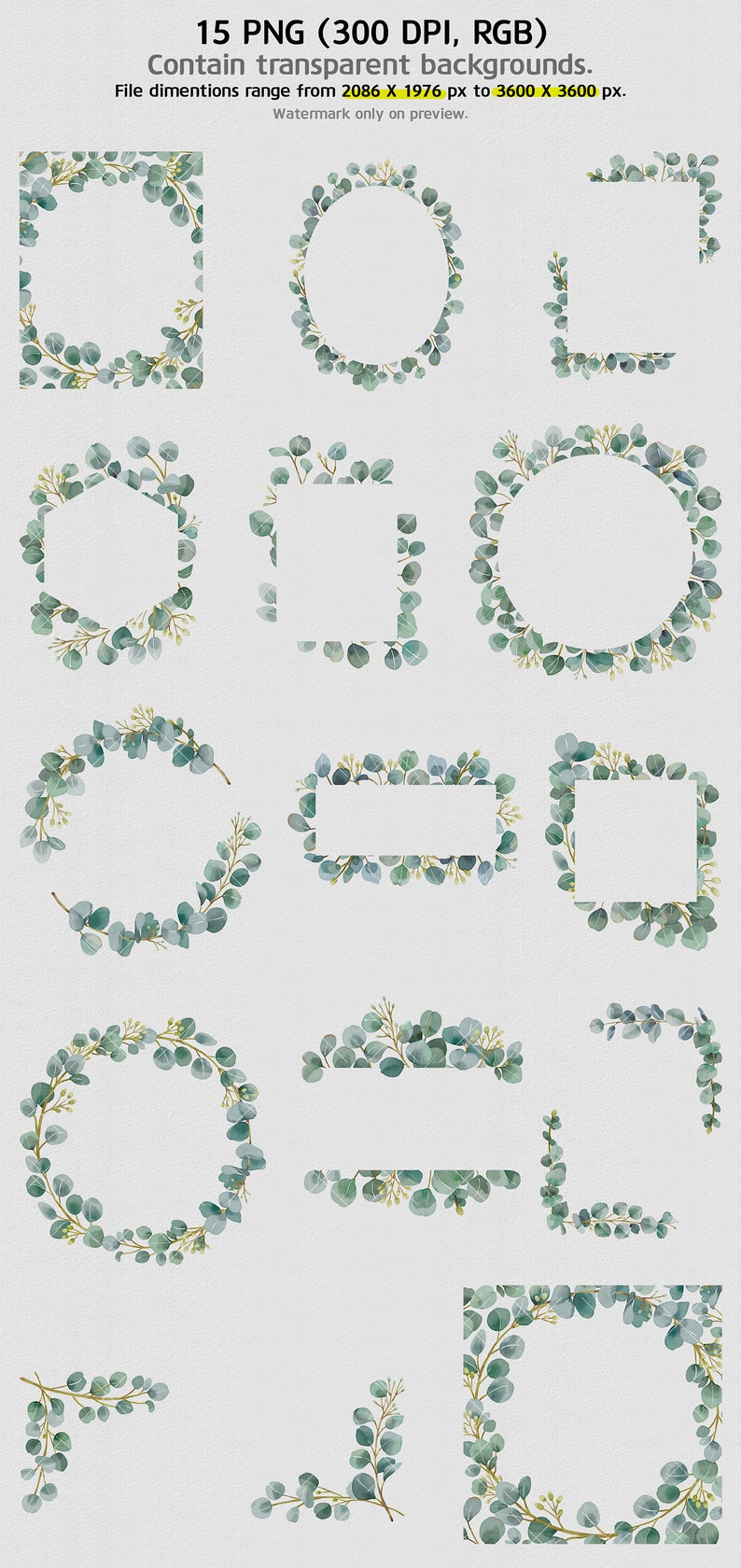 May include: Set of 15 PNG digital frames featuring watercolor eucalyptus leaves in shades of green. The frames are in various shapes, including circles, squares, rectangles, and a hexagon.