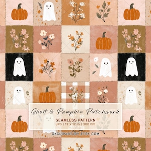 May include: A seamless digital pattern featuring a grid of squares with illustrations of white ghosts, orange pumpkins, and various floral sprigs in shades of brown, tan, and cream. The text reads Ghost & Pumpkin Patchwork SEAMLESS PATTERN.