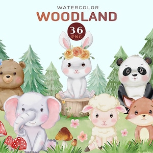 Animaux mignons aquarelle Clip Art, bois, lapin, mouton, renard, panda, ours, éléphant, fleurs, arbre, douche de bébé, bois, pépinière de forêt sauvage