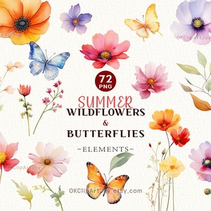 Imágenes prediseñadas de flores silvestres, imágenes prediseñadas de flores png, fondo transparente, imágenes prediseñadas de verano, imágenes prediseñadas de jardín, elemento floral de acuarela, DESCARGA INSTANTÁNEA