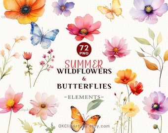 Wildflower Clipart, Flowers Clipart png, Transparent Background, Summer Clipart, Garden Clipart, Watercolor Floral Element, INSTANT DOWNLOAD