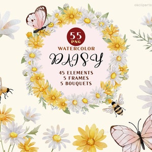 ClipArt di margherita dell'acquerello, Clipart di fiori selvatici Margherita bianca PNG Acquerello primavera puro fiore nuziale Baby Breath Clipart Cornice di fiori nuziali