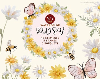 Watercolor Daisy Clip Art, Wild Flower Clipart White Daisy PNG Watercolor Spring Pure Bridal Flower Baby Breath Clipart Bridal Flowers Frame