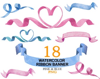 Watercolor Banners, Pink Banners PNG, Blue Banners Clipart, Ribbon Banner, Watercolor Scrolls, Heart Ribbon Clipart, Birthday Party Digital