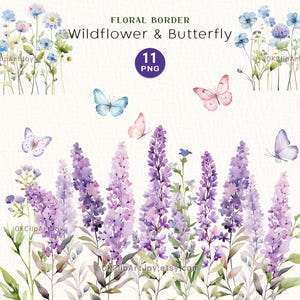 Clipart floral aquarelle - bordure de fleurs violettes et bleues - Clipart fleurs lavande - fleurs sauvages de printemps PNG - Clipart mariage - papillon