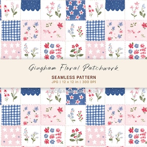Preppy gingham blommigt lapptäcke sömlöst mönster | Färgglatt botaniskt ditsy digitalt papper för nedladdning