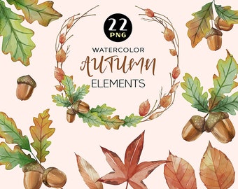 Watercolor Fall Leaves Clipart, Autumn Clipart, Woodland, Rustic, Fall Clipart, Thanksgiving, Halloween, Autumn Wreath, Oak Leaves, Acorns