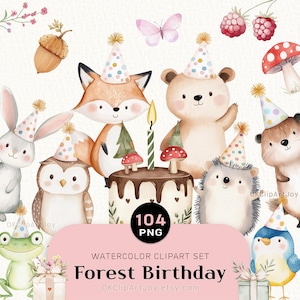 Clipart animaux d'anniversaire de la forêt - Lapin de la forêt, ours, hibou, renard | Jolie aquarelle PNG pour enfants, invitations à une fête, scrapbooking, usage commercial