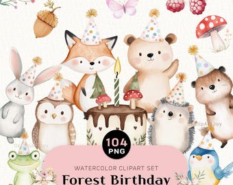 Può includere: Set di clipart ad acquerello con animali della foresta, una torta di compleanno con una candela e cappelli da festa. Include una volpe, un orso, un gufo, un riccio, un coniglio, una rana e un uccello. Il testo recita "Forest Birthday".