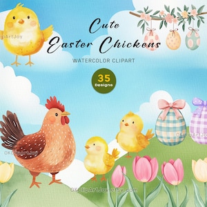 Aquarell Ostern Clipart - Nettes Ostern Huhn PNG, Baby-Küken, bunte Eier, Tulpen, Bauernhof Tiere, Boho Korb, Kinderparty-Einladung