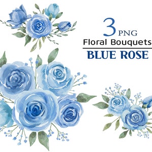 Clipart de buquês de aquarela, clipart de primavera, flores de rosas azuis png, clipart de folhas, desenhos florais, clipart de casamento, clipart boho, aniversário