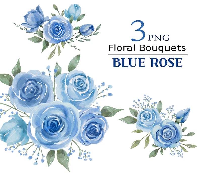 May include: Three watercolor blue rose bouquets. Each bouquet features blue roses with green leaves and stems. The bouquets are arranged in a row, with the largest bouquet in the center.
