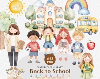 May include: Watercolor clipart set featuring a school theme. Includes illustrations of a school building, a yellow school bus, a rainbow, a smiling sun, and several children. The text "Back to School" is also included.