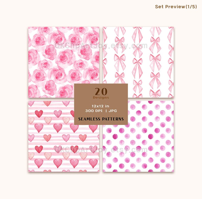 Valentine Digital Paper Pack – Pink Blue Watercolor Seamless Patterns ...