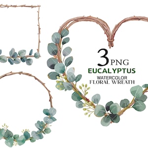 Aquarel Eucalyptus krans, Lente Clipart, Houtkrans Clipart, Hartkrans, Groen Clipart, Bladillustratie, Eucalyptus Groen