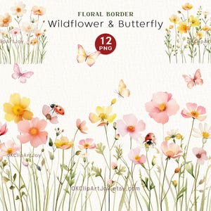 Aquarel bloemen clipart - roze en gele bloemen png - wilde bloemen bloemen clipart - bloemenrand set - bruiloft - vlinder clipart png