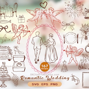 Bundle de cliparts mariage romantique – 167 icônes de l'art au trait en SVG PNG EPS, décorations de fête élégantes, illustrations de mariage vintage, icônes de mariée