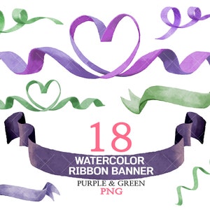 Aquarell Banner, Bandbanner, Lila Banner PNG, Grün Banner Clipart Herz Band Clipart Geburtstagsfeier Kindergeburtstag Digital