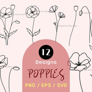 Kwiat maku linia, szkic kwiatu Svg, klip z logo kwiatowym, zaproszenie ślubne, grafika liniowa cyfrowa, PNG EPS SVG wektor, minimalna grafika liniowa botaniczna