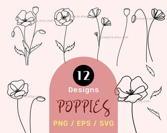 May include: A set of 12 black and white line art poppy flower illustrations. The text "12 Designs POPPIES PNG / EPS / SVG" is at the bottom of the image.