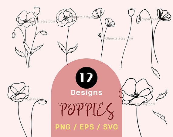 Poppy flower Line, Flower Sketch Svg, Floral Logo Clip, Wedding Invitation, Line Art Digital, PNG EPS SVG Vector, Minimal Line Art Botanical