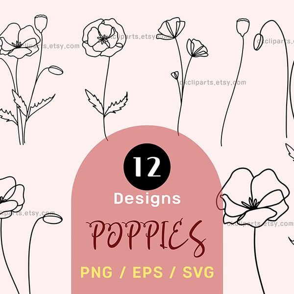 Poppy flower Line, Flower Sketch Svg, Floral Logo Clip, Wedding Invitation, Line Art Digital, PNG EPS SVG Vector, Minimal Line Art Botanical