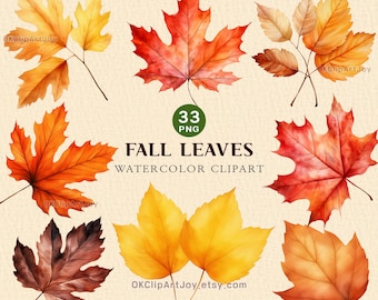 33 PNG Watercolor Fall Leaves Clipart Autumn Leaves Clipart Bundle Fall Leaf Autumn Leaf, Thanksgiving Clipart, Fall Decor, Digital Download