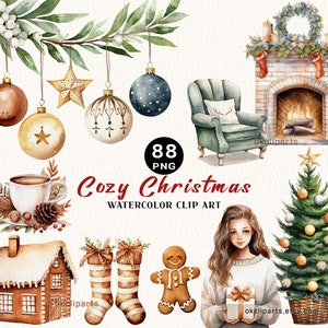 居心地の良いクリスマス クリップアート、水彩画のクリスマス クリップアート バンドル、装飾品のクリップアート、ボヘミアン クリスマス PNG、冬の花柄、ストッキング、招待状 PNG
