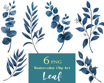 Watercolor Graphics, Blue Leaf Clipart, Boho Leaves Clip Art Botanical Illustration Spring  Leaf Design png Scrapbooking Wedding Invitations